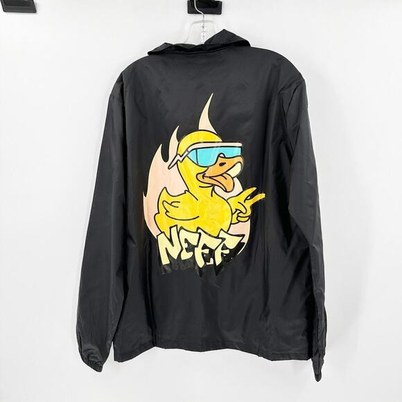 NWT Neff Black Snap Front Collared Lined Graphic Windbreaker Jacket Size Medium - Picture 1 of 11